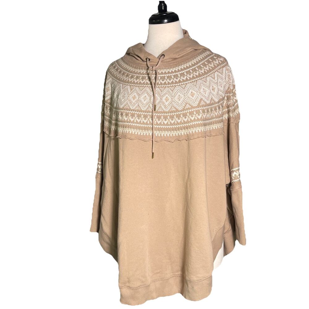 Free People Hoodie Sweatshirt Tan Knit Trim Raglan Sleeves, Scalloped Hem S- EUC